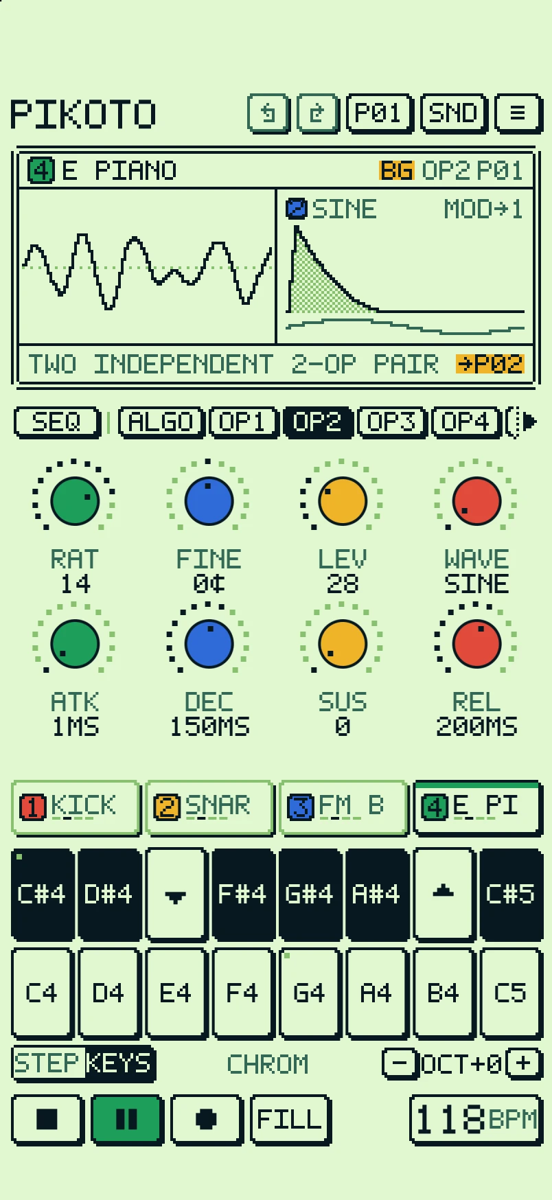KEYS mode: the pads as a keyboard with black keys on top and octave keys in the gaps.