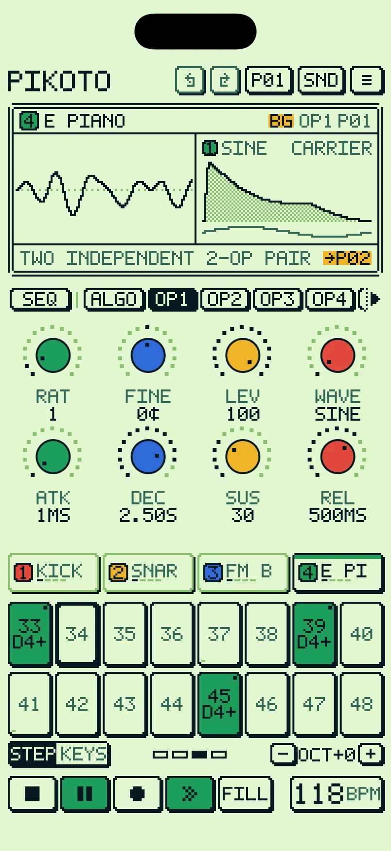 PIKOTO on iPhone playing the demo song: the scope, eight coloured encoders on the OP1 page, four tracks and sixteen step pads.