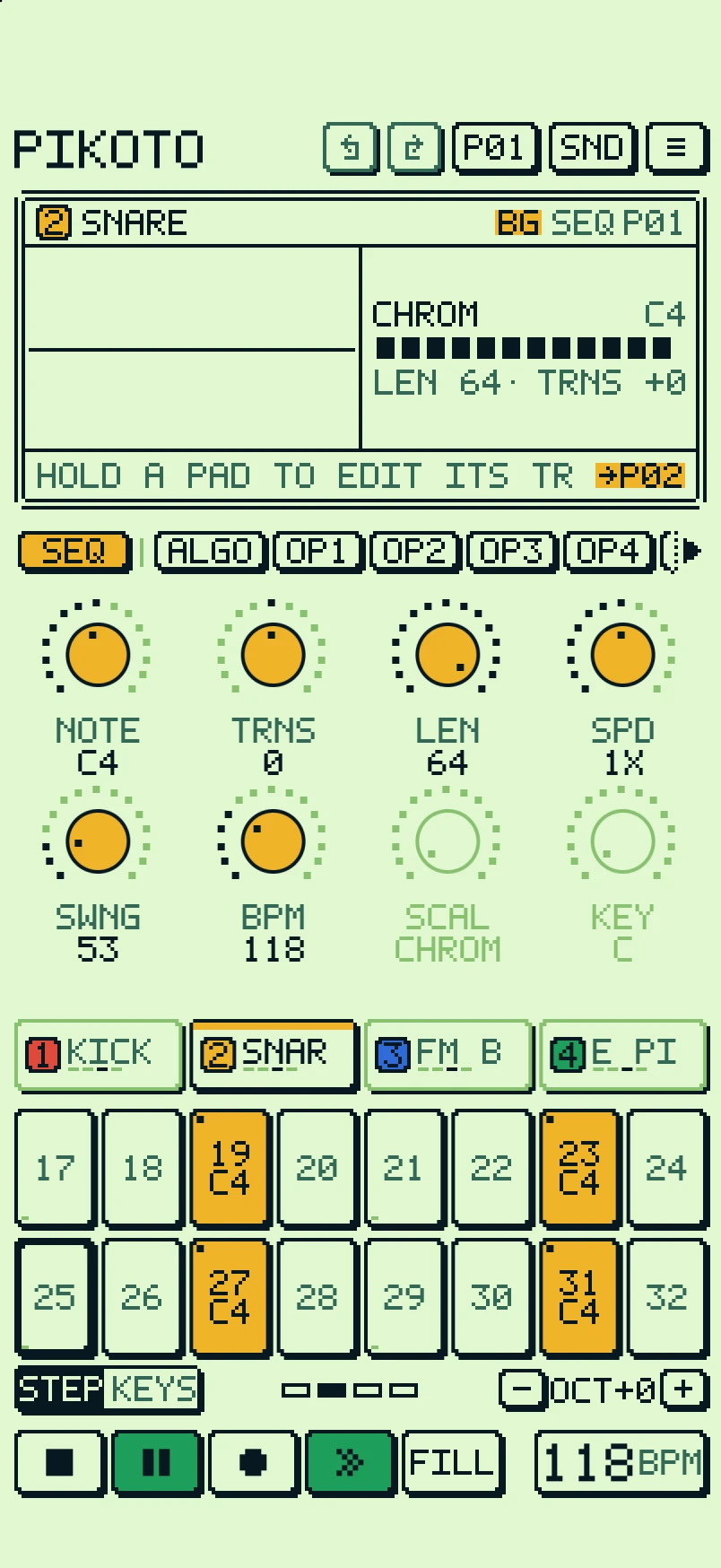 The SEQ page on the snare track: length, speed, swing, tempo and scale, with the snare's trigs lit on the pads.