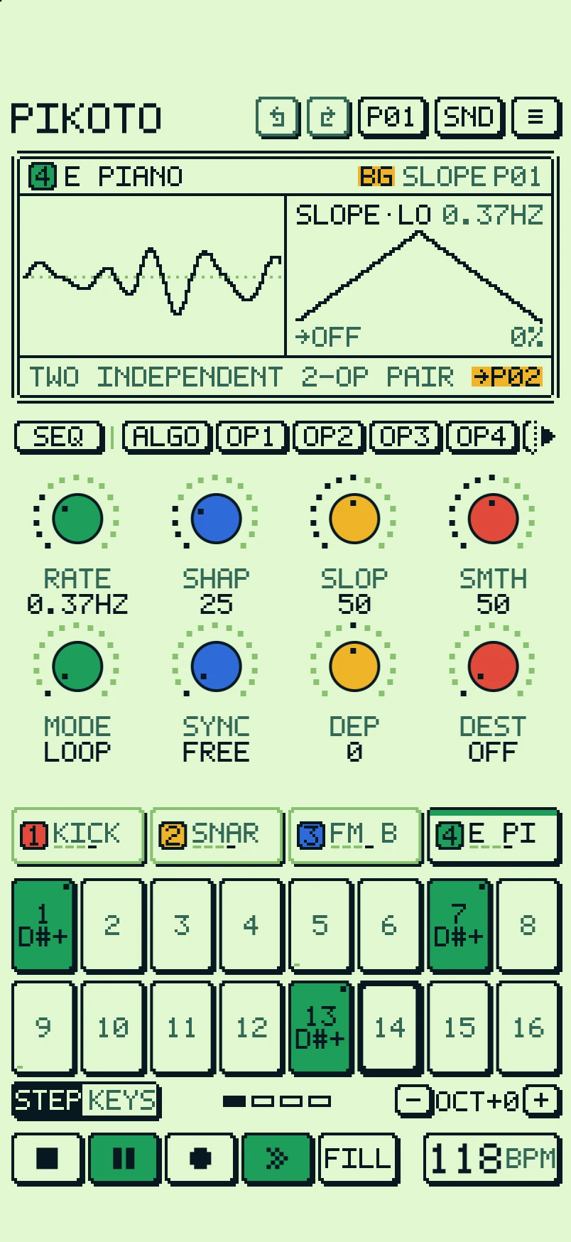The SLOPE page: a triangle ramp on the screen and encoders for rate, shape, slope and smoothness.