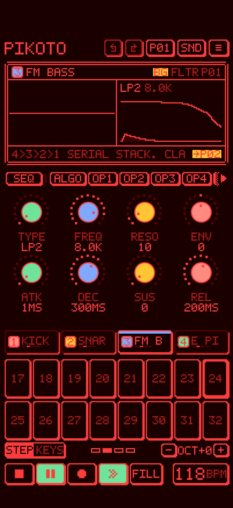 PIKOTO in the VB palette, red on black.
